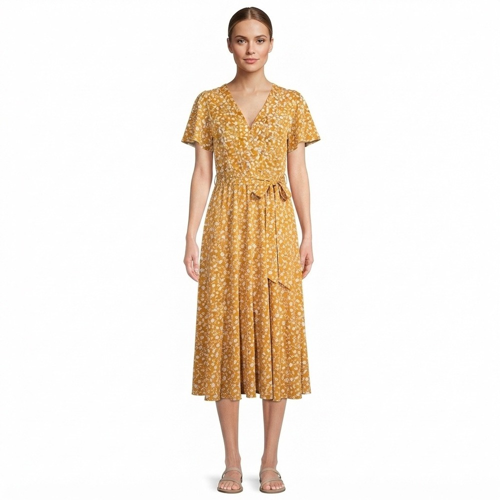 Lark and Grey Dress Womans S Mustard Yellow Floral Faux Wrap Midi Short Sleeve